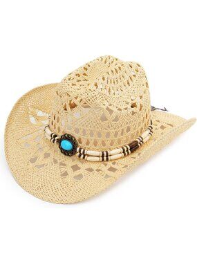 Men's Beige-m Straw Adjustable Wide Brim Sun Beach Western Cowgirl Cowboy Hat